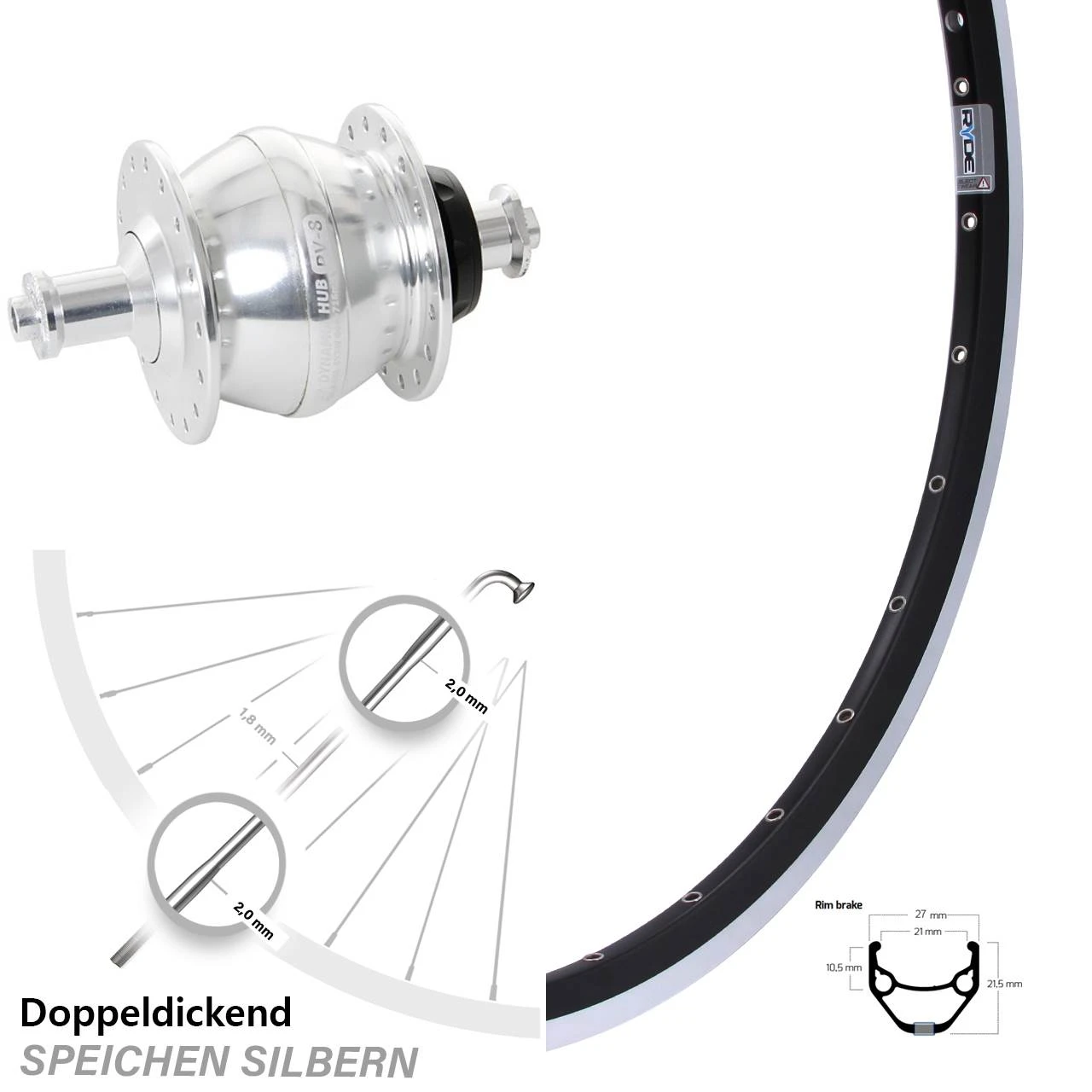 26 Zoll Nabendynamo Vorderrad Ryde ZAC 421 Shutter Precision PV-8 3 26 Zoll Nabendynamo Vorderrad Ryde ZAC 421 Shutter Precision PV-8